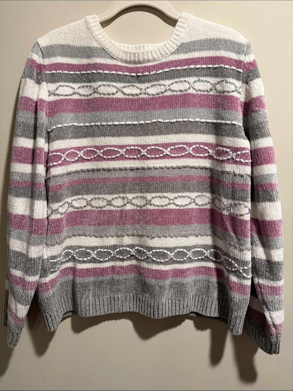 Alfred Dunner Striped Crewneck Sweater in White, Gray & Mauve